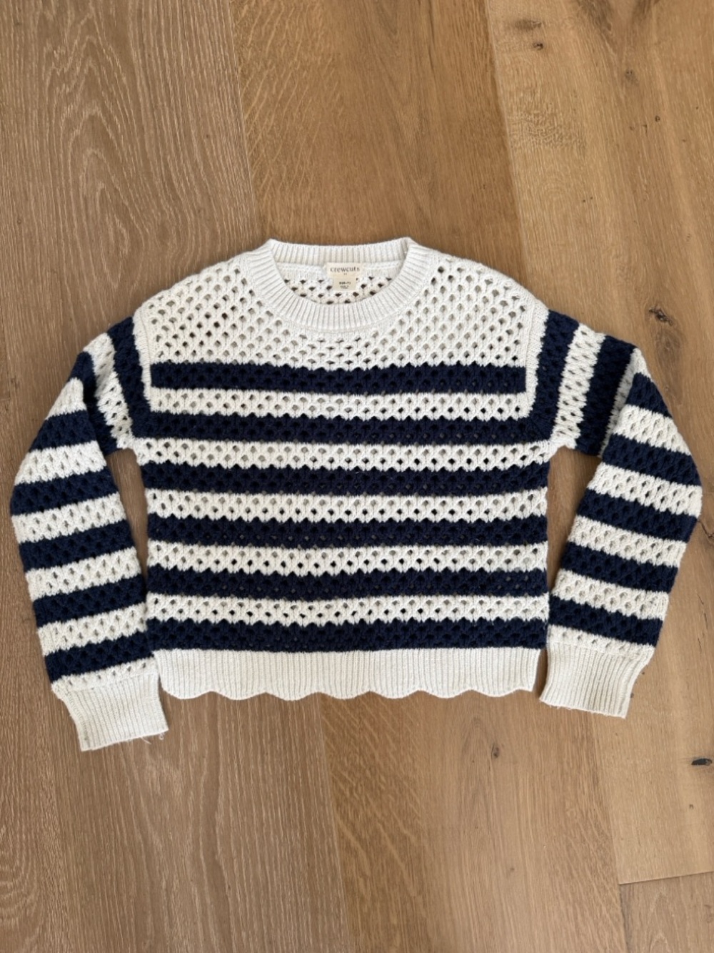 Crewcuts White and Navy Striped Open-Knit Crewneck Sweater